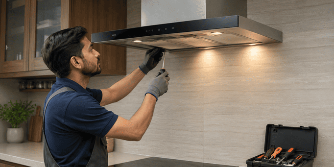 Technician installing kitchen chimney